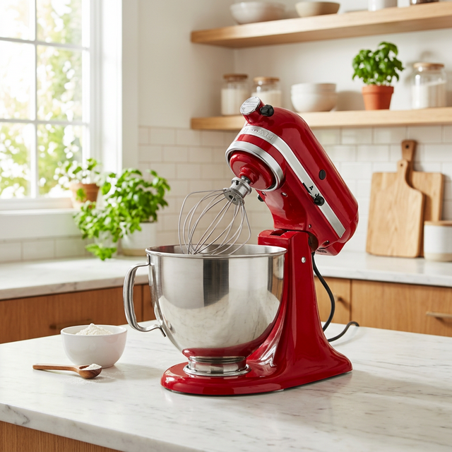 Red KitchenAid stand mixer on marble counter