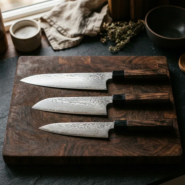 Hand-forged Japanese knife on a wooden surface
